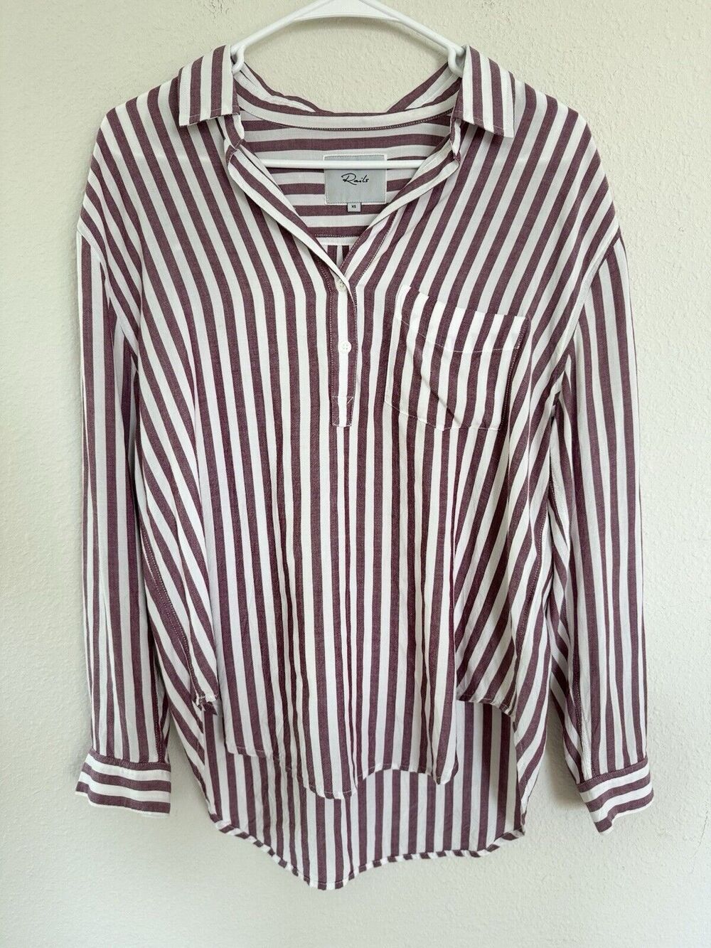 Rails Elle Pull Over Top Pocket Stripe Maroon And White Size XS Coastal Classic